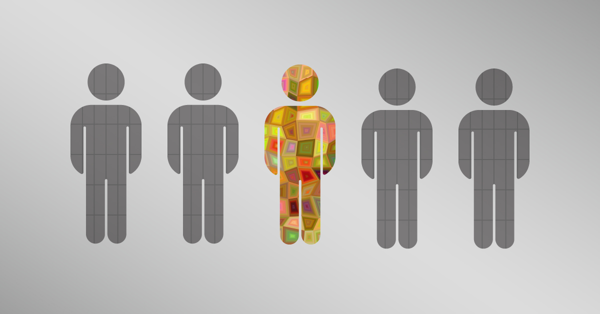 A row of five gray human icons with one colorful figure in the center symbolizing creative originality and brand differentiation in marketing imagery.